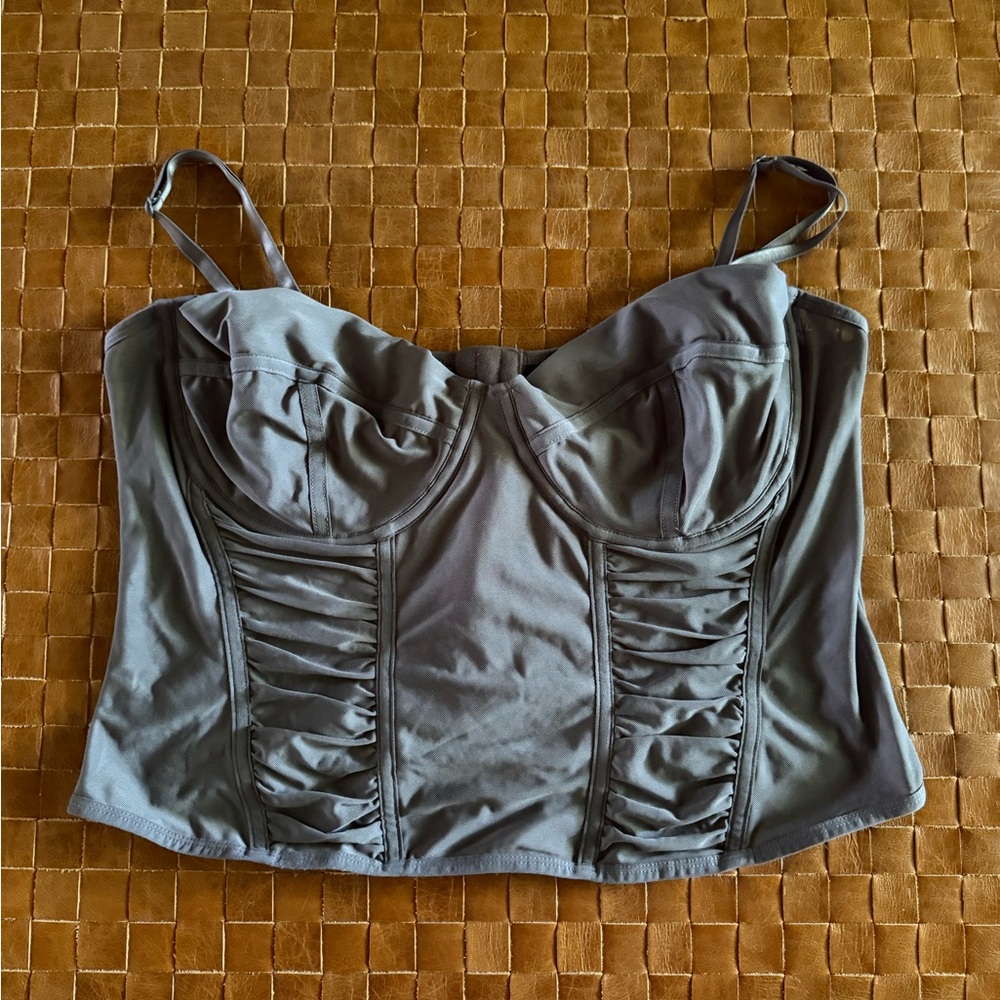 Satin Ruched Bustier Crop Top - Slate Gray